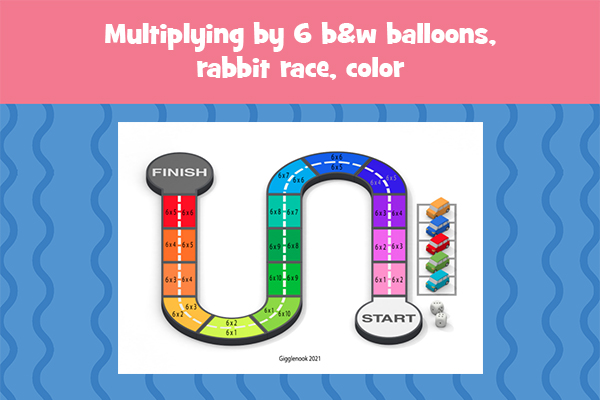 Multiplying by 6 b&w balloons, rabbit race, color