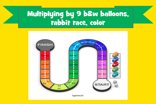 Multiplying by 9 b&w balloons, rabbit race, color