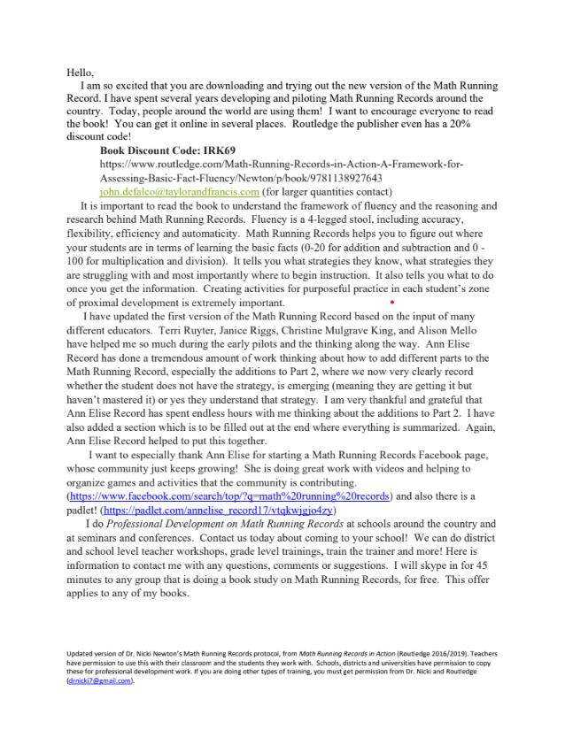 Subtraction Math Running Records