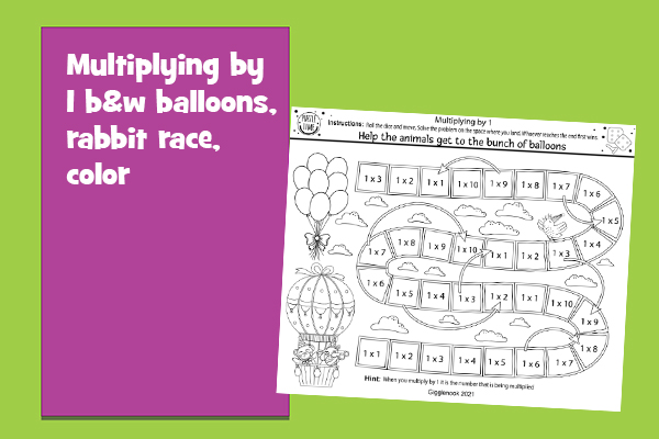 Multiplying by 1 b&w balloons, rabbit race, color