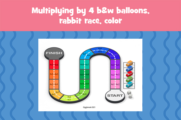 Multiplying by 4 b&w balloons, rabbit race, color