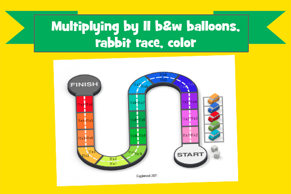 Multiplying by 11 b&w balloons, rabbit race, color